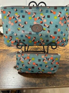 Fossil Printed Coated Canvas Cosmetic Bag Set (2-Piece) Teal Multi